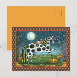 HALLOWEEN GEPUNKTETER PONY & BAT CAT Whimsical Hor Postkarte