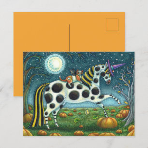 HALLOWEEN GEPUNKTETER PONY & BAT CAT Whimsical Hor Postkarte
