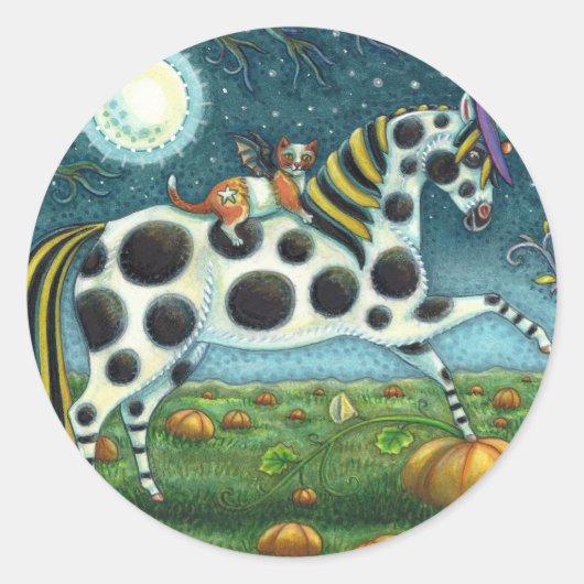 HALLOWEEN GEPUNKTETER PONY & BAT CAT Whimsical Hor Runder Aufkleber (Vorderseite)