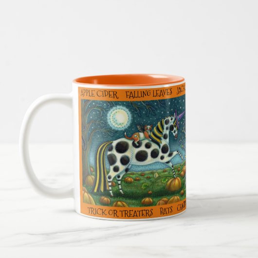 HALLOWEEN GEPUNKTETER PONY & BAT CAT Whimsical Hor Zweifarbige Tasse (Links)