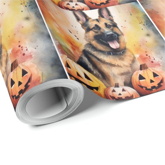 Halloween German Shepherd with Pumpkins Beängstige Geschenkpapier (Rolleneckpunkt)