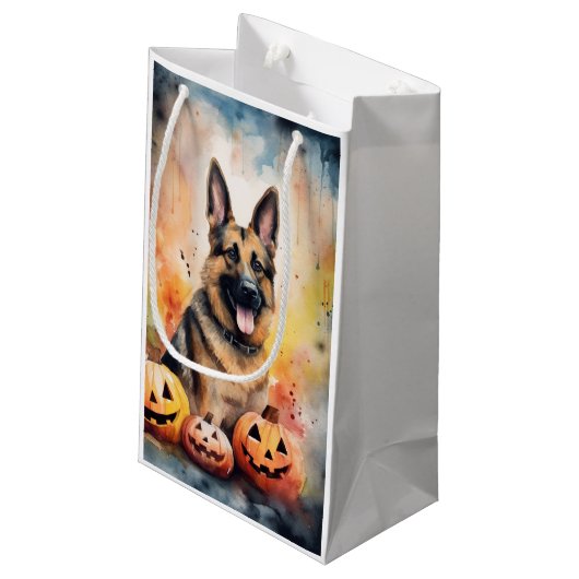 Halloween German Shepherd with Pumpkins Beängstige Kleine Geschenktüte (Rückseite Schrägansicht)