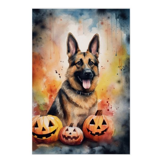 Halloween German Shepherd with Pumpkins Beängstige Poster (Vorderseite)