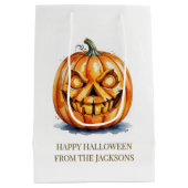 Halloween-Geschenk - Carved Pumpkin, Custom Text Mittlere Geschenktüte (Rückseite)