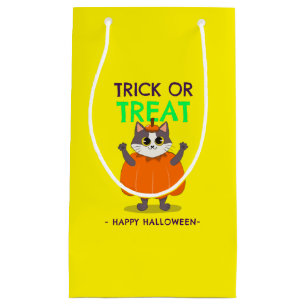Halloween-Geschenkbeutel, Katze in Kürbis mit gelb Kleine Geschenktüte