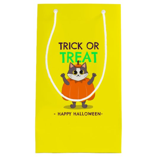 Halloween-Geschenkbeutel, Katze in Kürbis mit gelb Kleine Geschenktüte (Vorderseite)