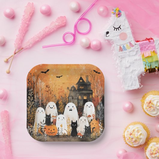 Halloween-Gespenster, schwarze Katzen und Fledermä Pappteller (Party)