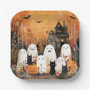 Halloween-Gespenster, schwarze Katzen und Fledermä Pappteller