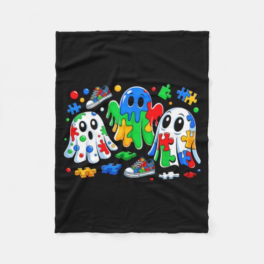 Halloween Ghost Colorful Puzzle Ribbon Autism Awar Fleecedecke (Vorderseite)