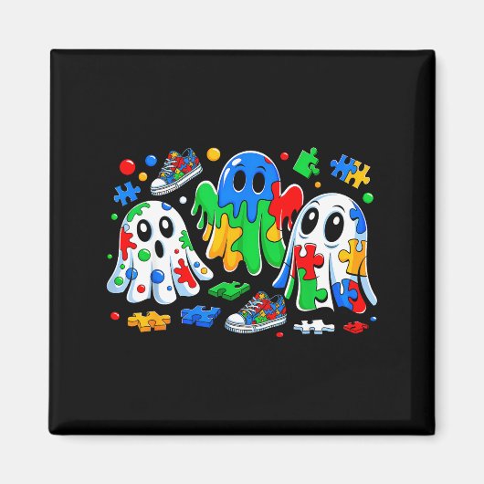 Halloween Ghost Colorful Puzzle Ribbon Autism Awar Magnet (Vorne)