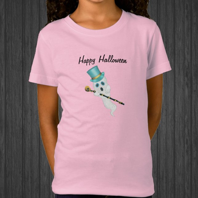 Halloween Ghost Funny Face Blue Top Hat Skull Cane (Silly floating ghost blue top hat fancy black cane skull on top on Happy Halloween kids tee shirt.)