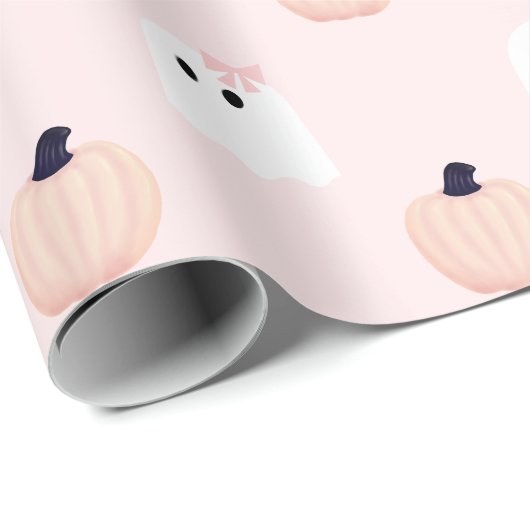 Halloween Ghost Girl Orange Pumpkin Pattern Pink Geschenkpapier (Rolleneckpunkt)