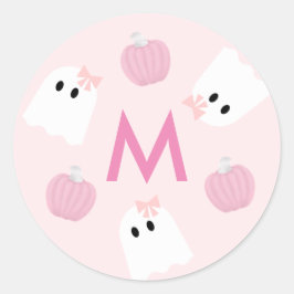 Halloween Ghost Girl & Pumpkin Pink Monogramm Runder Aufkleber