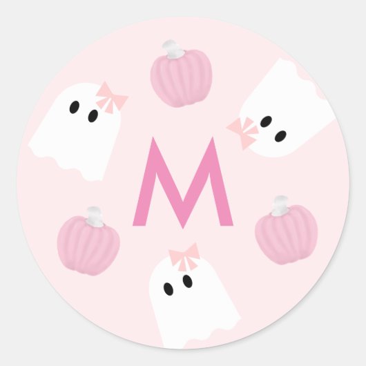 Halloween Ghost Girl & Pumpkin Pink Monogramm Runder Aufkleber (Vorderseite)