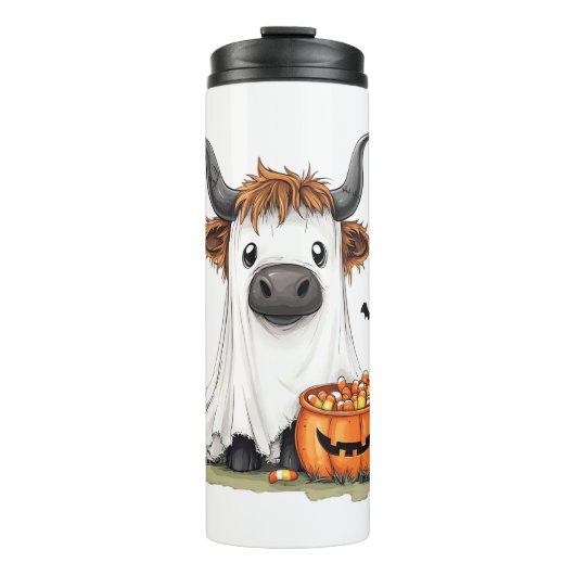 Halloween Ghost Highland Cow PNG Thermosbecher (Vorderseite)