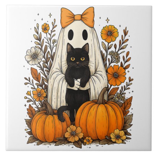 Halloween Ghost Holding Black Cat Fliese (Vorderseite)