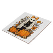 Halloween Ghost Holding Black Cat Fliese (Seite)