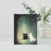 Halloween Ghost, Katze am Swing Postkarte (Stehend Vorderseite)