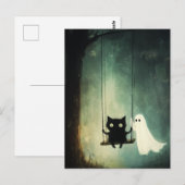 Halloween Ghost, Katze am Swing Postkarte (Vorne/Hinten)