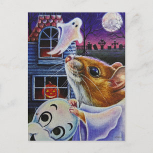 Halloween Ghost Mouse Vintag Mask Wasserfarbe Kuns Postkarte