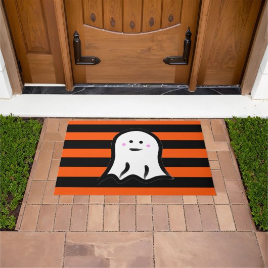 Halloween Ghost on Black and Orange Stripes  Fußmatte (Außenbereich)