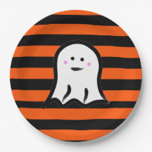 Halloween Ghost on Black and Orange Stripes 