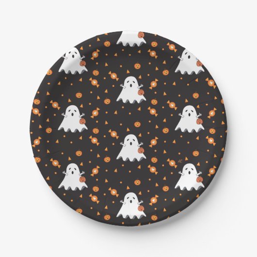 Halloween Ghost Pattern Black Paper Plate Pappteller (Vorderseite)