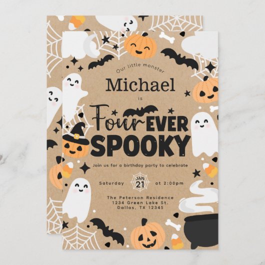 Halloween Ghost Pumpkin 4th Birthday Party Einladung (Vorne/Hinten)