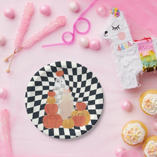 Halloween Ghost Pumpkin Checkered Pappteller (Party)