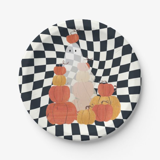 Halloween Ghost Pumpkin Checkered Pappteller (Vorderseite)
