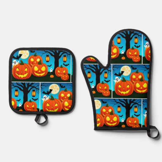 Halloween Ghost, Pumpkins, Fledermäuse Ofenhandschuh & Topflappen-Set (Vorderseite)