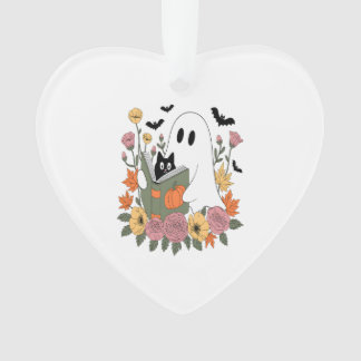 Halloween Ghost Reading Book Cat Ornament