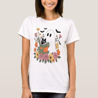 Halloween Ghost Reading Book Cat T-Shirt