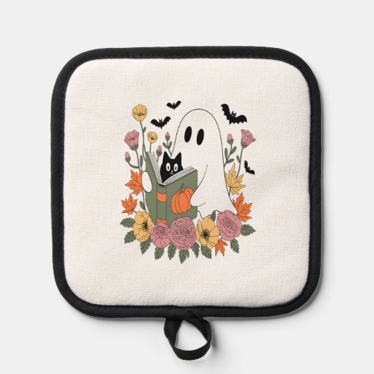 Halloween Ghost Reading Book Cat Topflappen (Vorderseite)