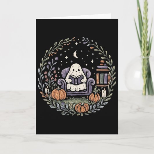Halloween Ghost Reading Book Lover Tee Long Sleeve Karte (Vorderseite)
