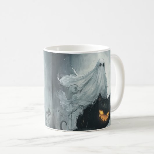 Halloween Ghost Riding a Black Cat Kaffeetasse (VorderseiteRechts)
