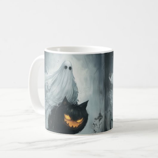 Halloween Ghost Riding a Black Cat Kaffeetasse (Vorderseite Links)