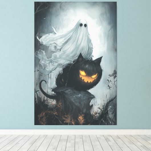 Halloween Ghost Riding a Black Cat Leinwanddruck (Insitu (Holzboden))