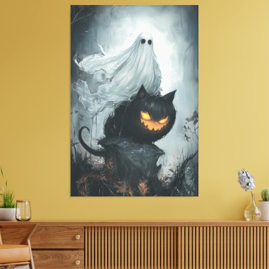 Halloween Ghost Riding a Black Cat Leinwanddruck (Insitu (Wohnzimmer))