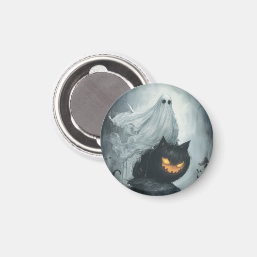 Halloween Ghost Riding a Black Cat Magnet (Vorderseite/Rückseite)