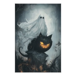 Halloween Ghost Riding a Black Cat Poster