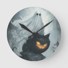 Halloween Ghost Riding a Black Cat Runde Wanduhr