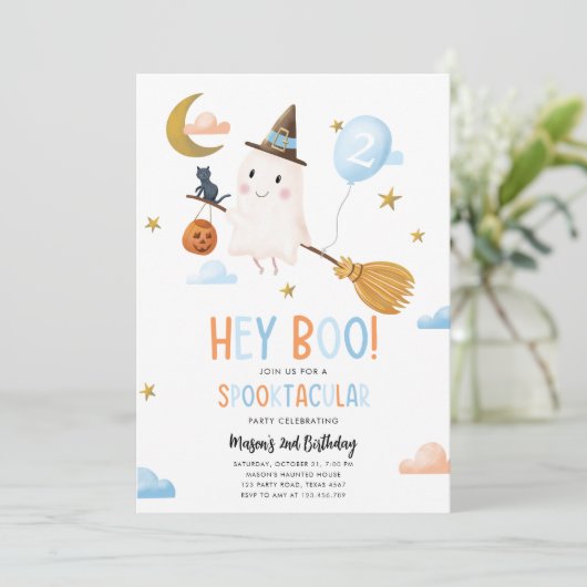 Halloween Ghost Spooktacular Hey Boo Boy Birthday Einladung (Stehend Vorderseite)