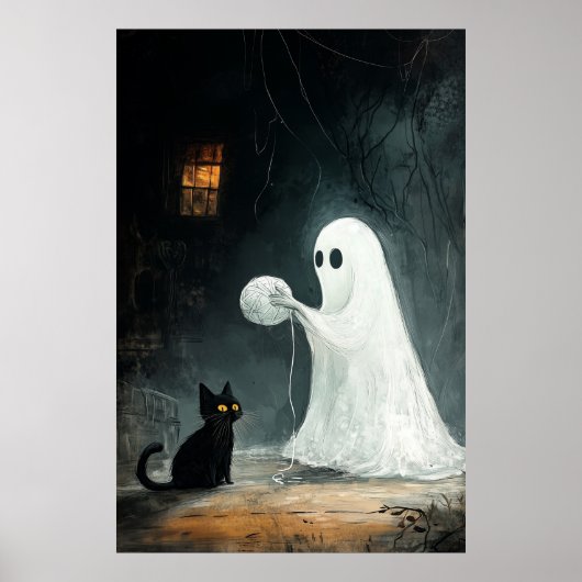 Halloween Ghost und Black Cat Playing mit Garn Poster (Vorne)