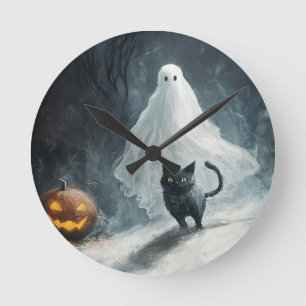 Halloween Ghost und Black Cat Runde Wanduhr