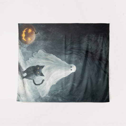 Halloween Ghost und Black Cat Wandteppich (Vorderseite (Horizontal))