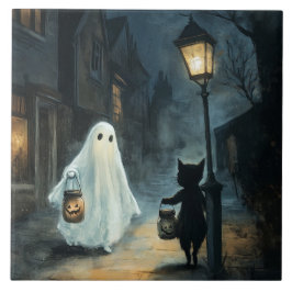 Halloween Ghost und Cat-Begegnung Fliese