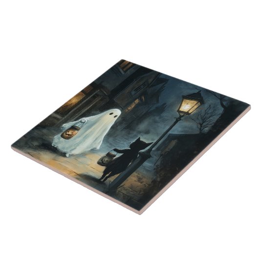 Halloween Ghost und Cat-Begegnung Fliese (Seite)