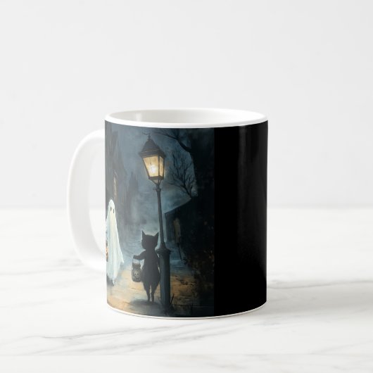Halloween Ghost und Cat-Begegnung Kaffeetasse (Vorderseite Links)