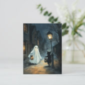 Halloween Ghost und Cat-Begegnung Postkarte (Stehend Vorderseite)